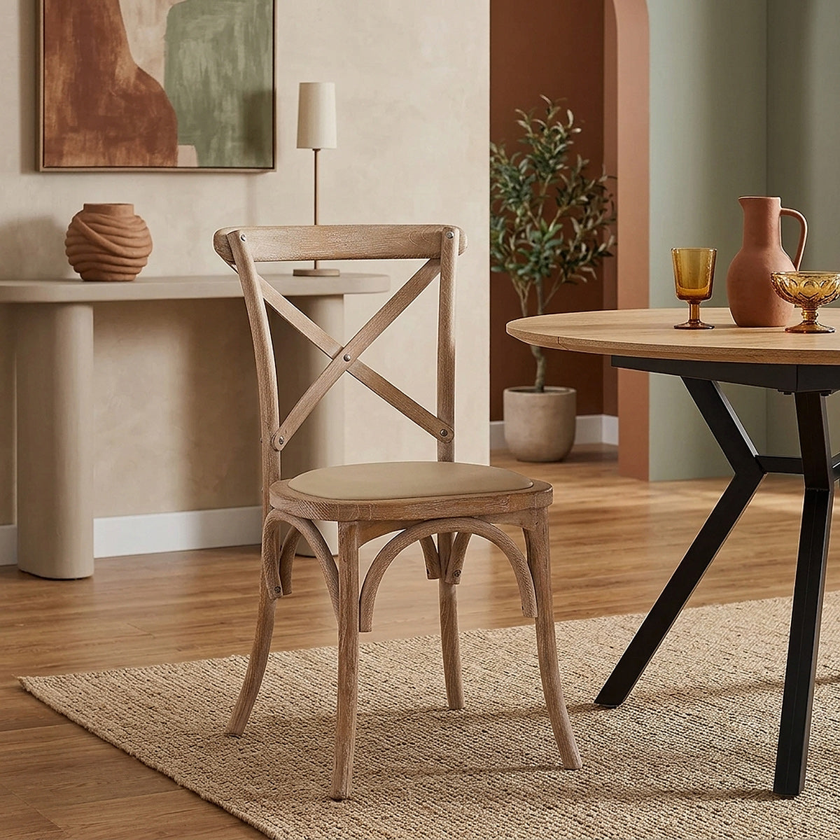 Marcel Oak Cross Back Chair Cream Leather