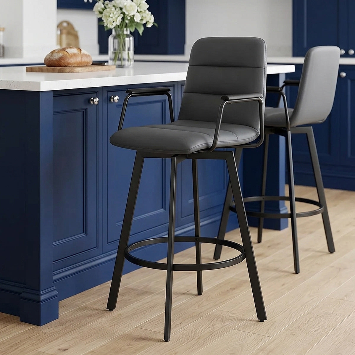 Marco Stool Black Arms & Grey Leather