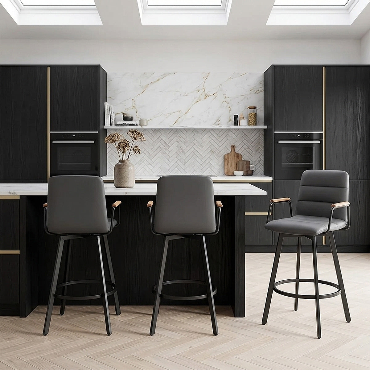 Marco Stool Oak Arms & Grey Leather