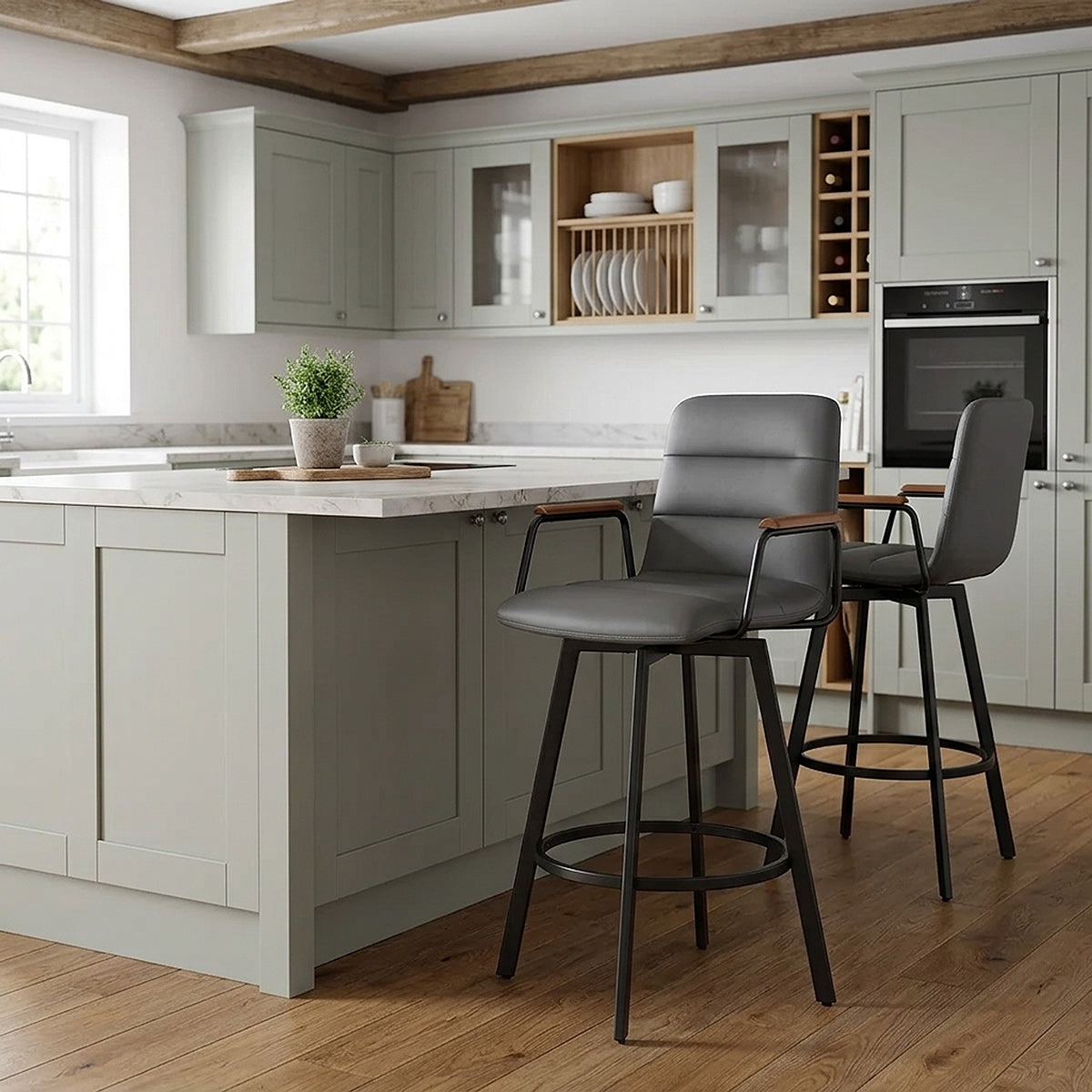 Marco Stool Walnut Arms & Grey Leather