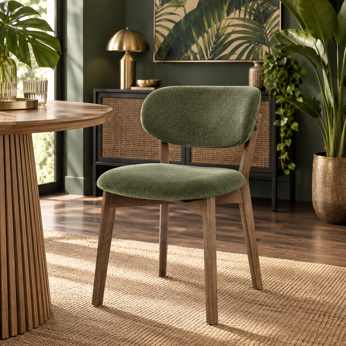 Maya Light Oak Chair Green Fabric