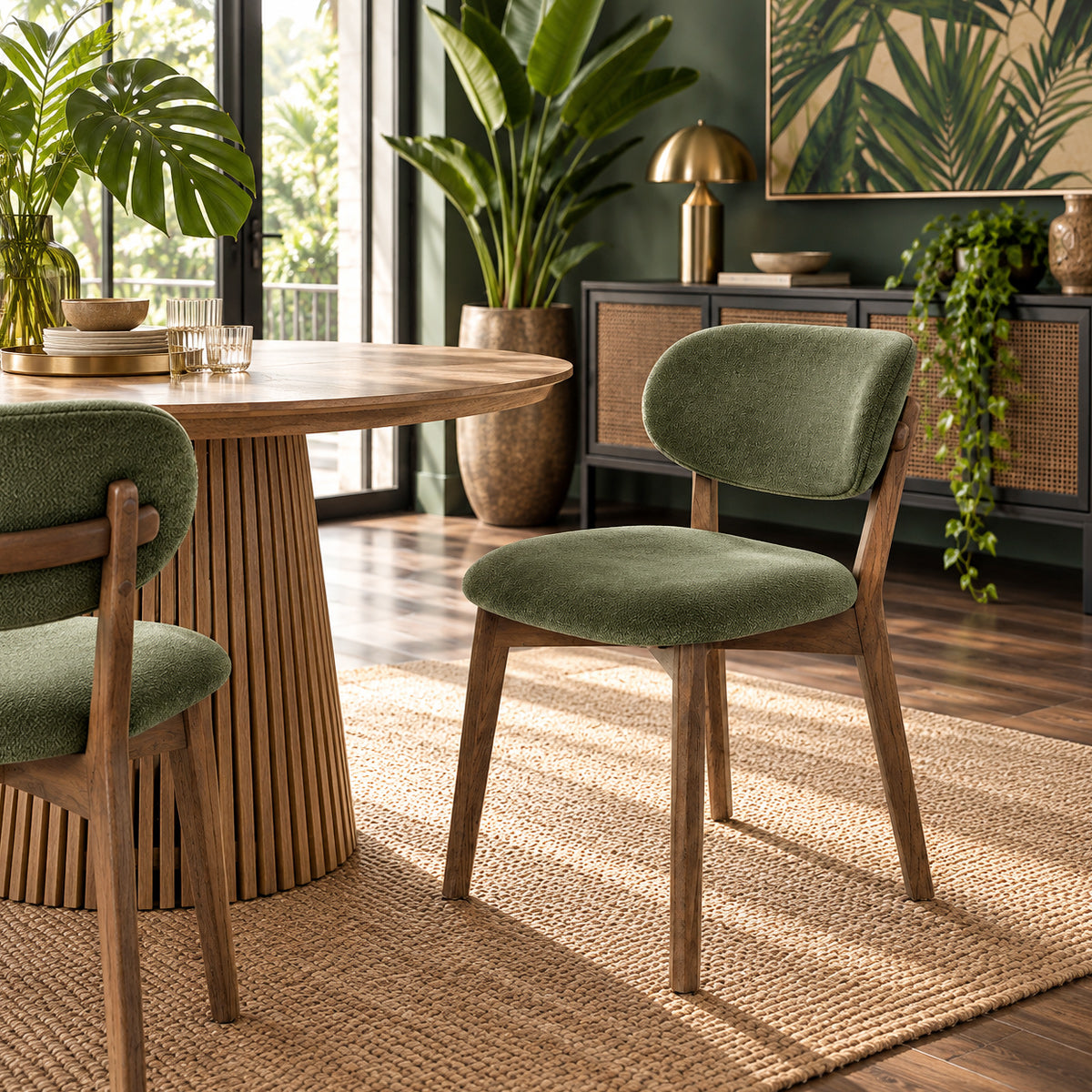 Maya Light Oak Chair Green Fabric