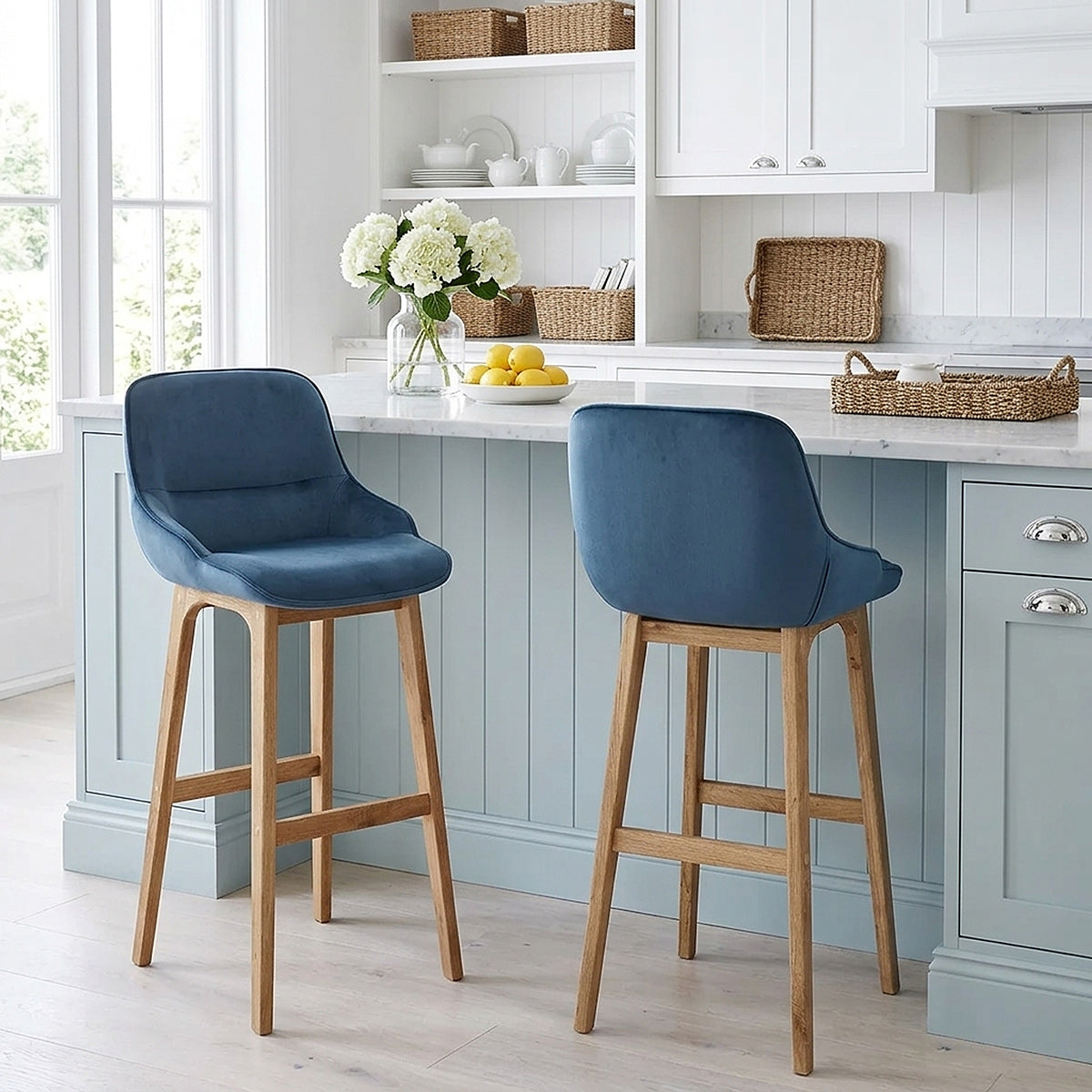 Miami Wooden Stool Blue Velvet