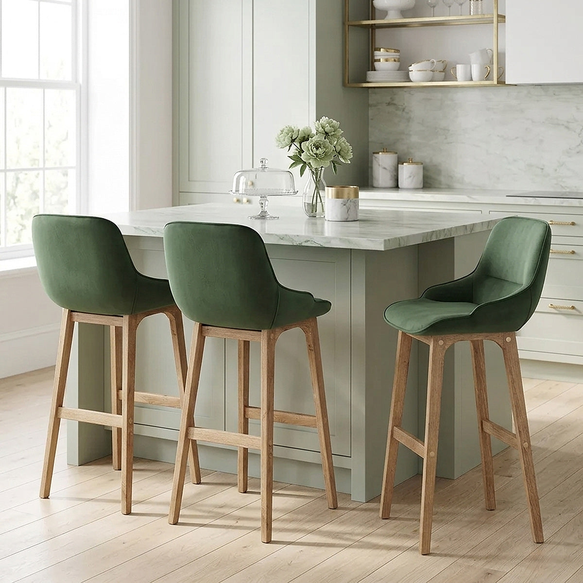 Miami Wooden Stool Green Velvet