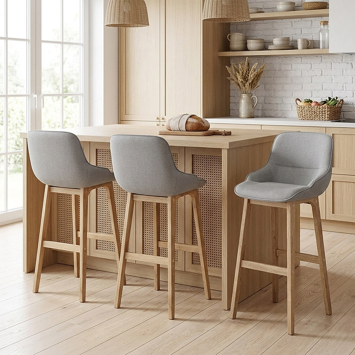 Miami Wooden Stool Grey Fabric