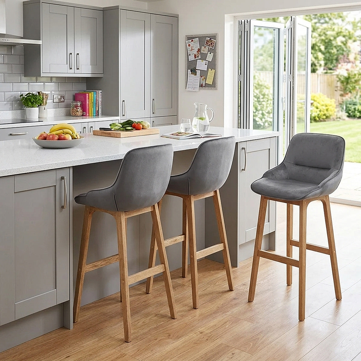 Miami Wooden Stool Grey Velvet