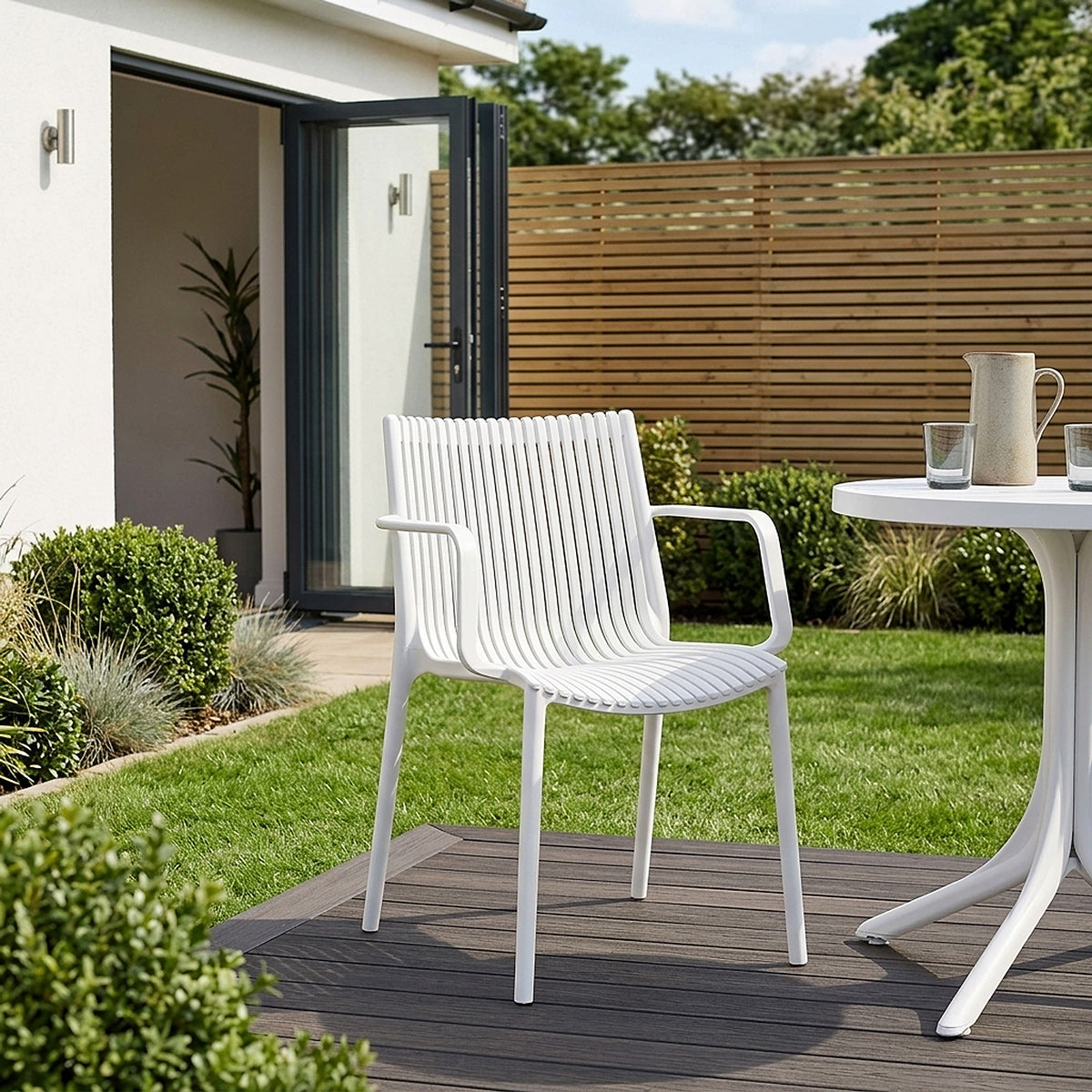 Mono Outdoor Table & 4 Aura Stackable Armchairs Dining Set