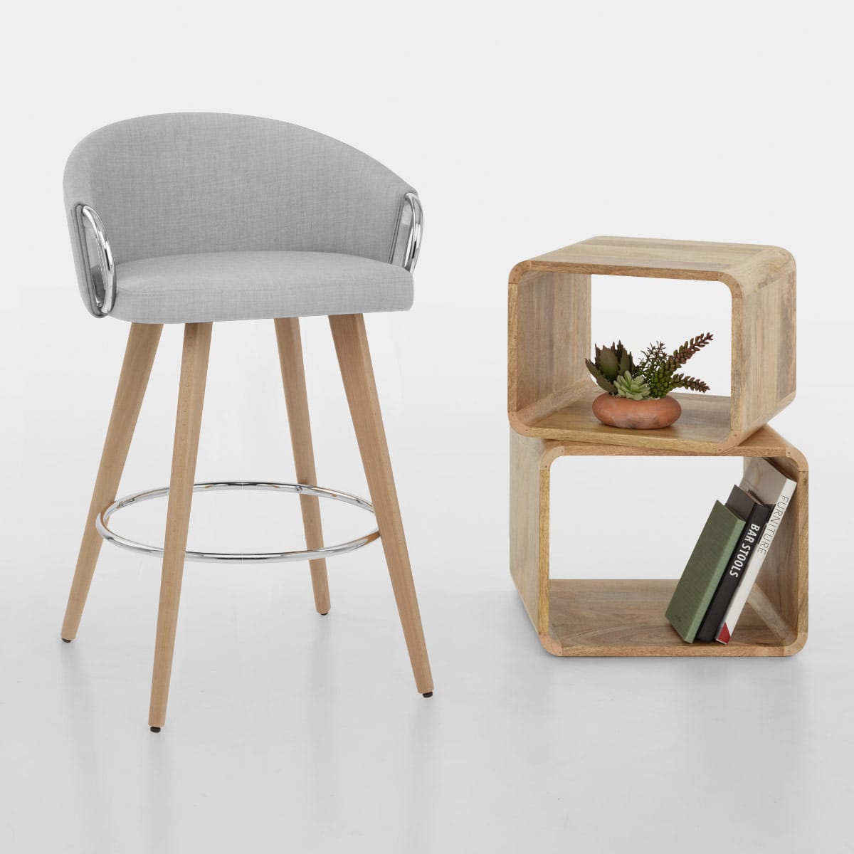 Neo Wooden Stool Grey Fabric