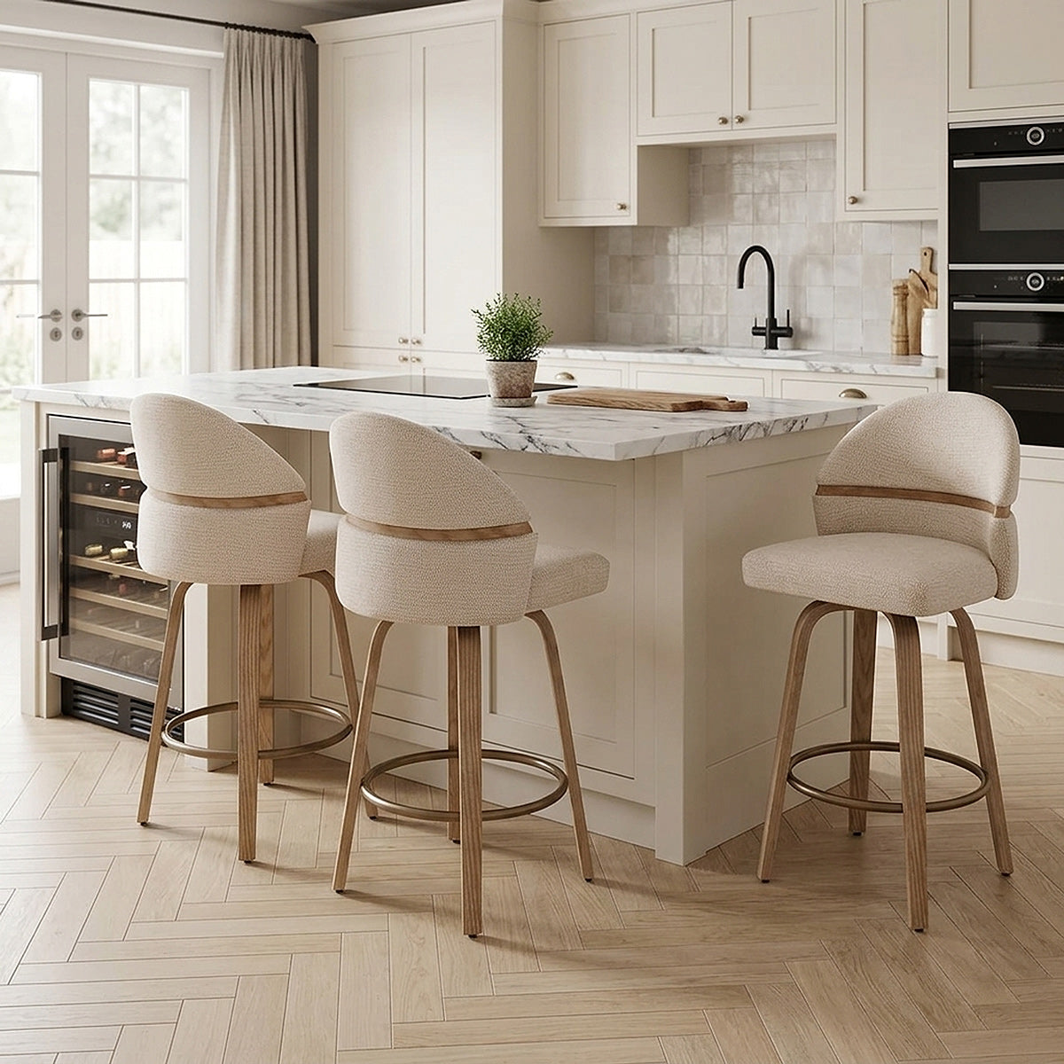 Odessa Oak Bar Stool Beige Fabric
