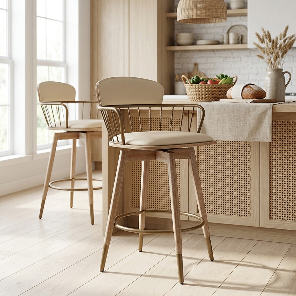 Opera Bar Stool Oak & Cream Real Leather