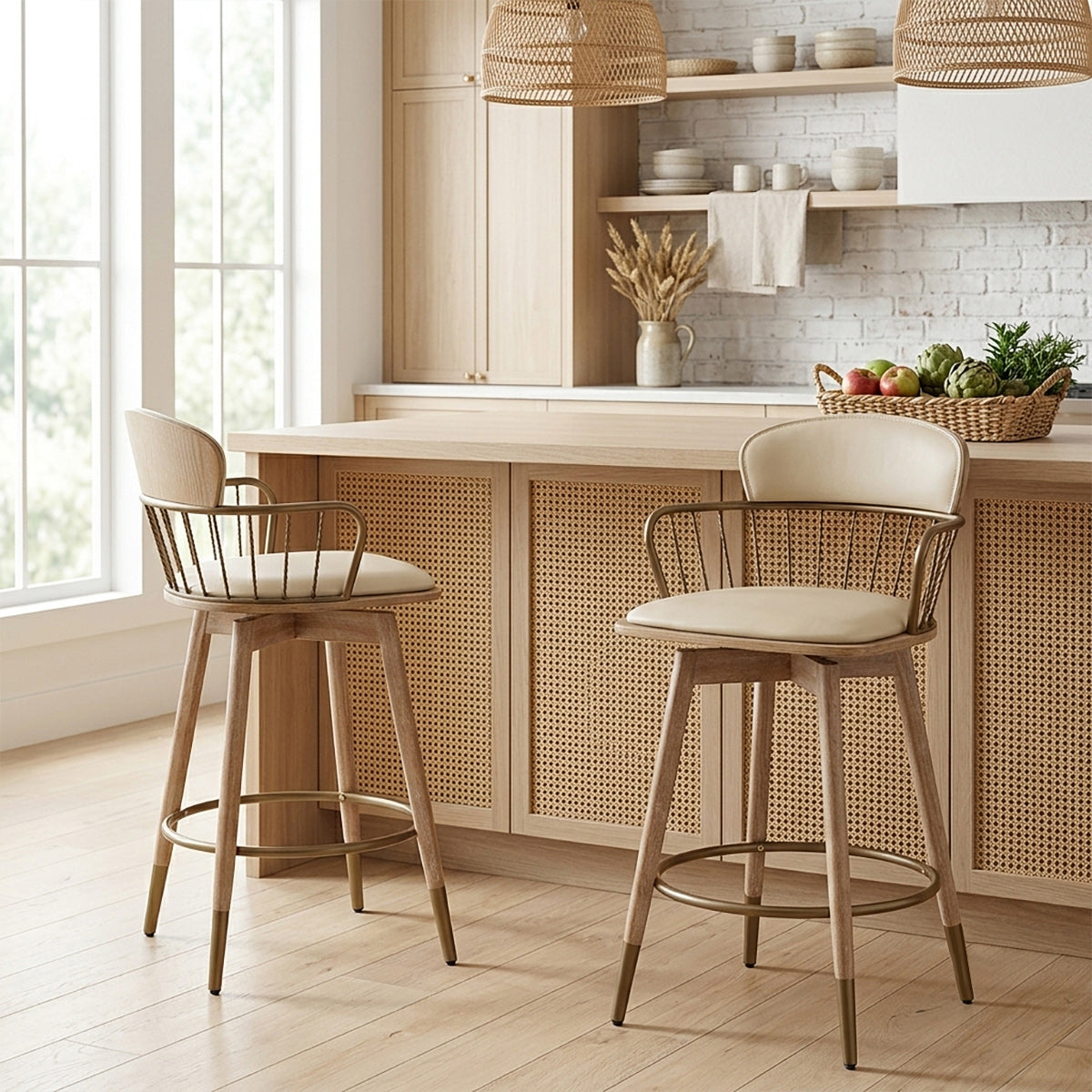 Opera Bar Stool Oak & Cream Real Leather
