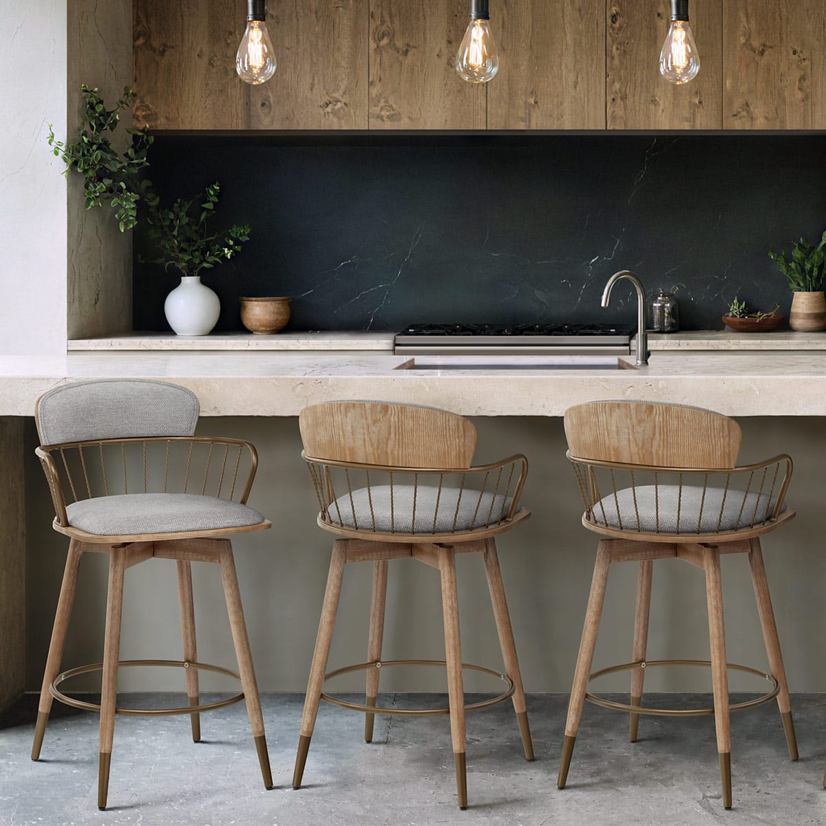 Opera Bar Stool Oak & Grey Fabric