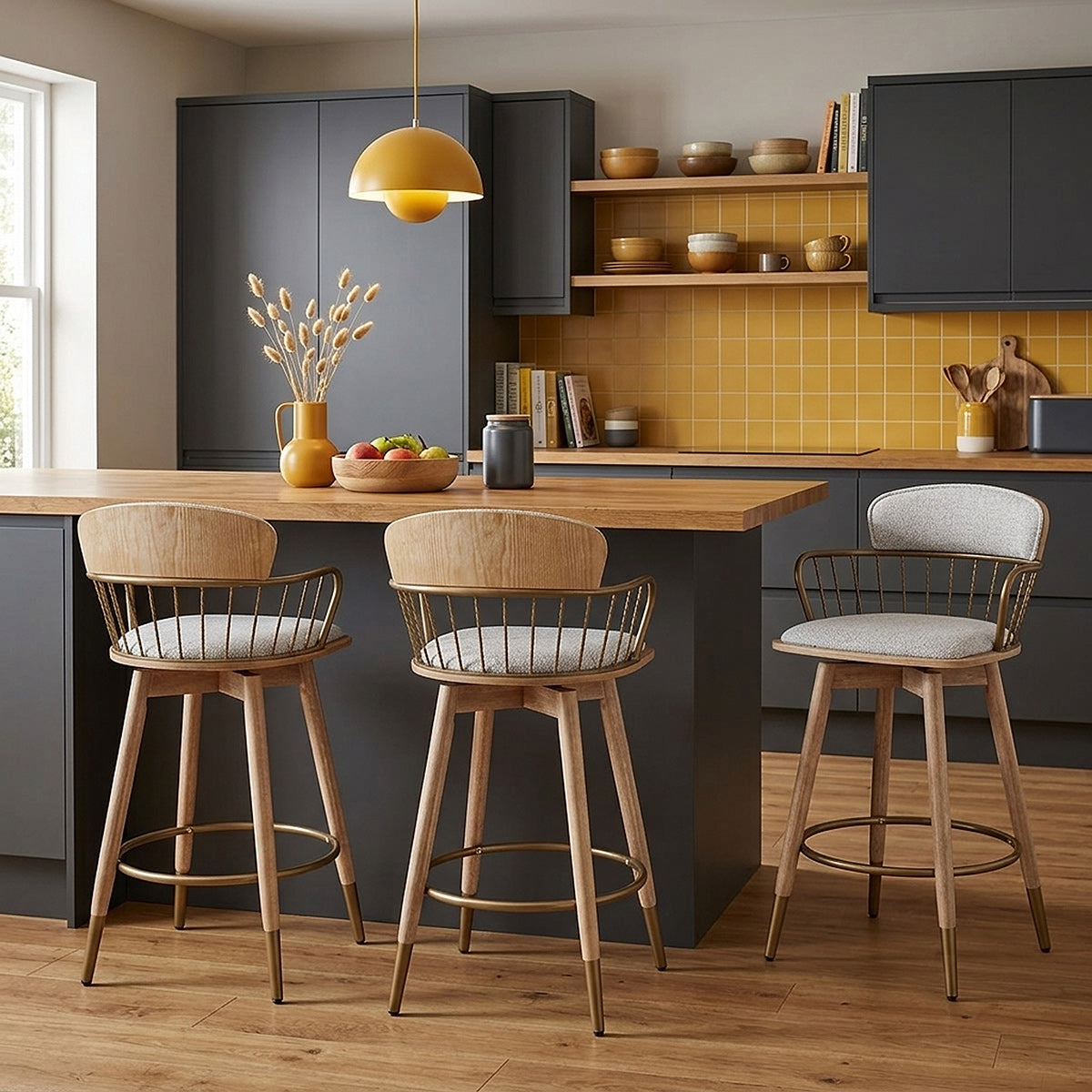 Opera Bar Stool Oak & Grey Fabric