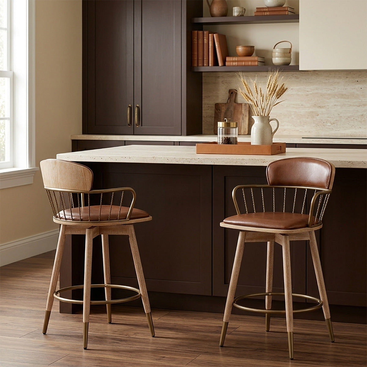 Opera Bar Stool Oak & Tan Real Leather