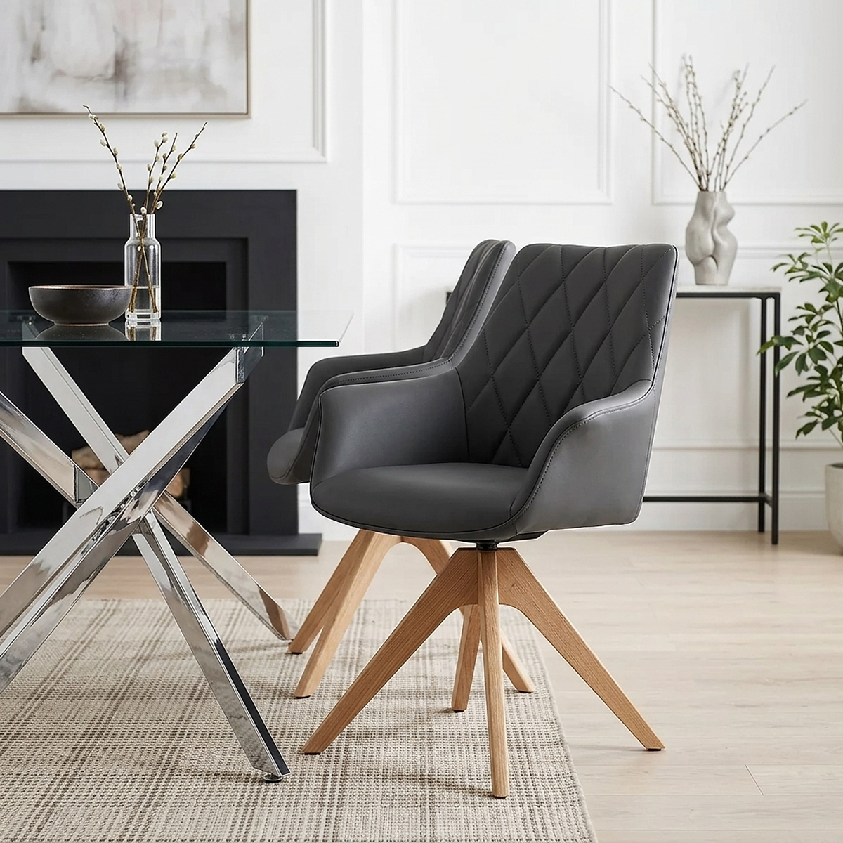 Portobello Oak Chair Black Real Leather