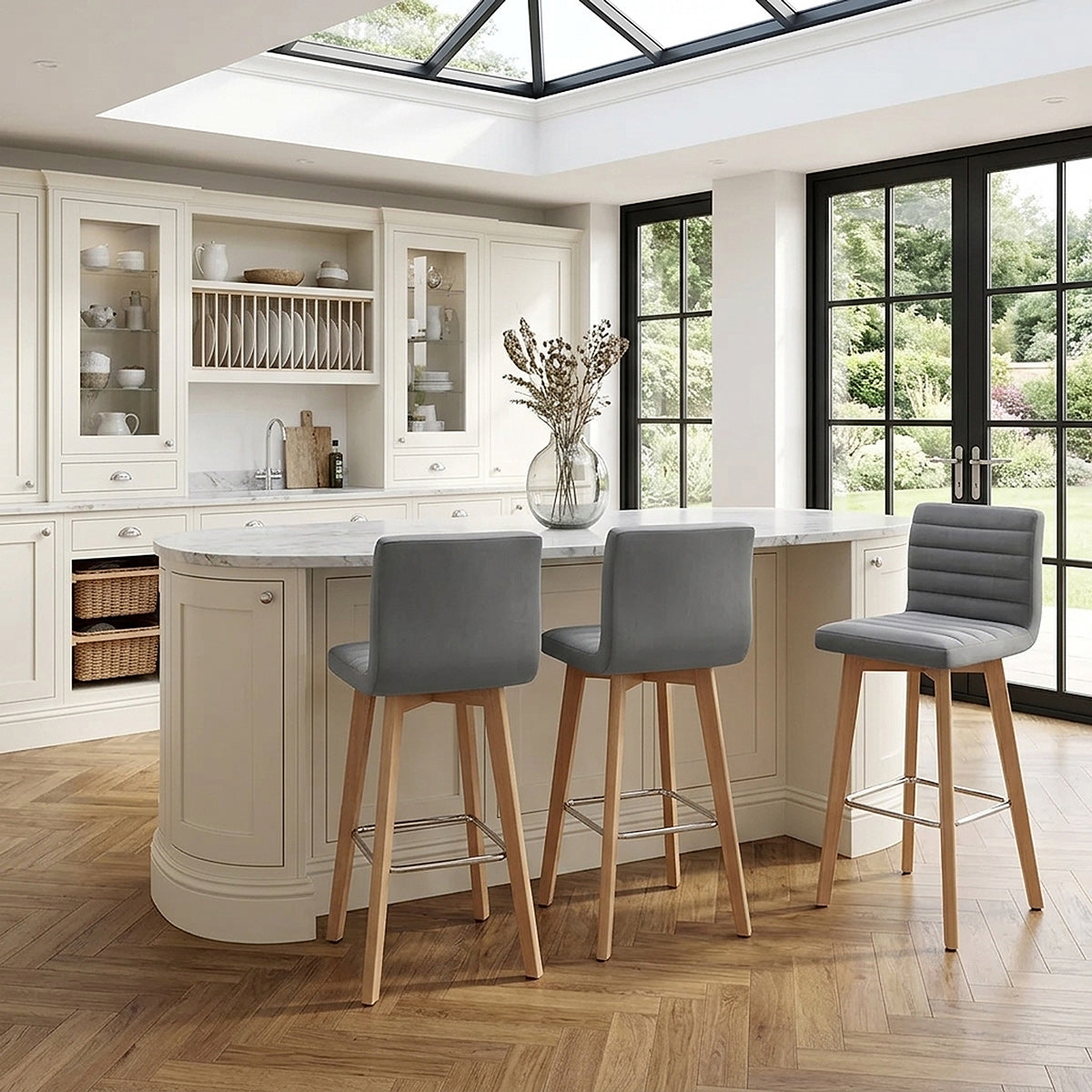Pure Wooden Stool Grey Velvet