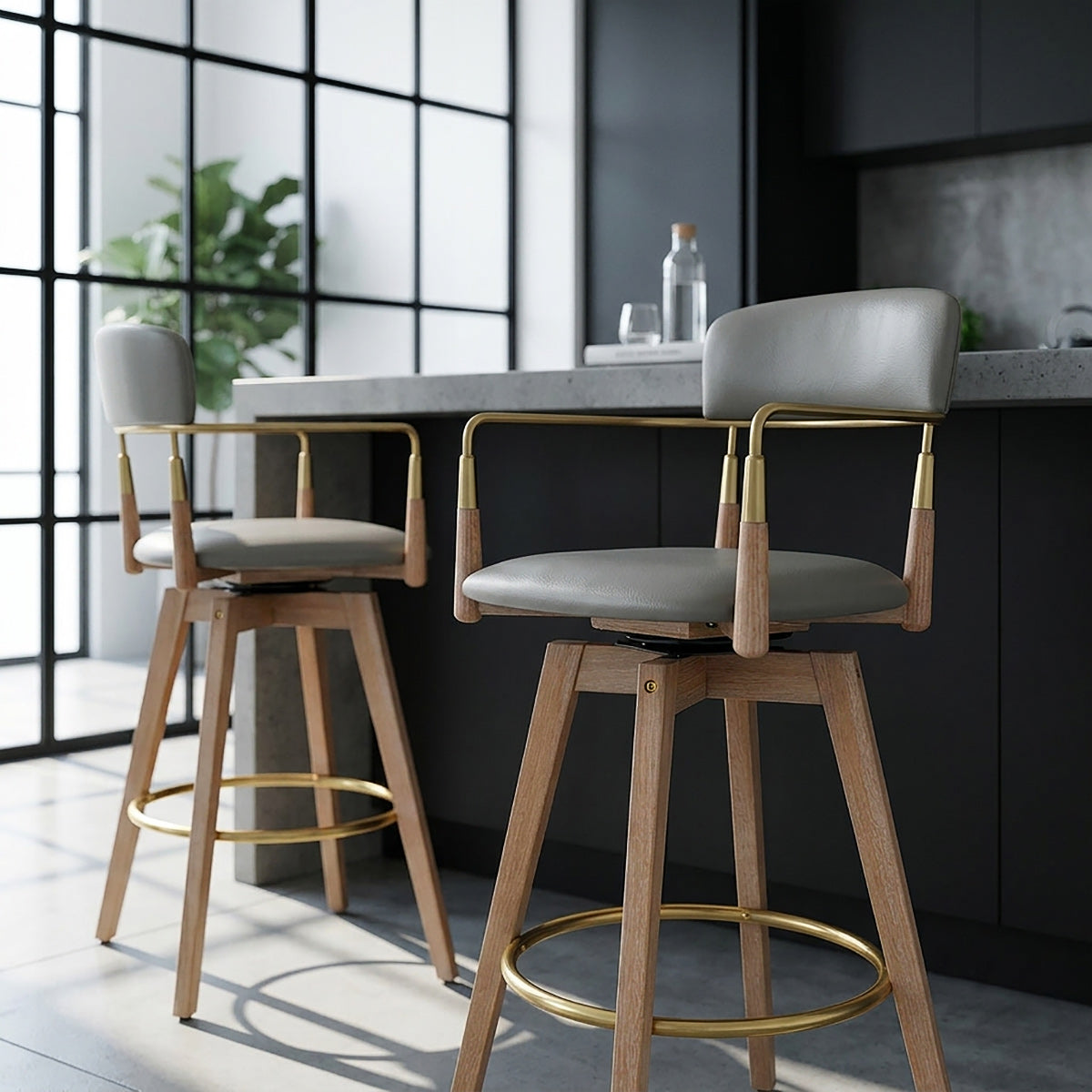 Reed Real Leather Wooden Stool Grey