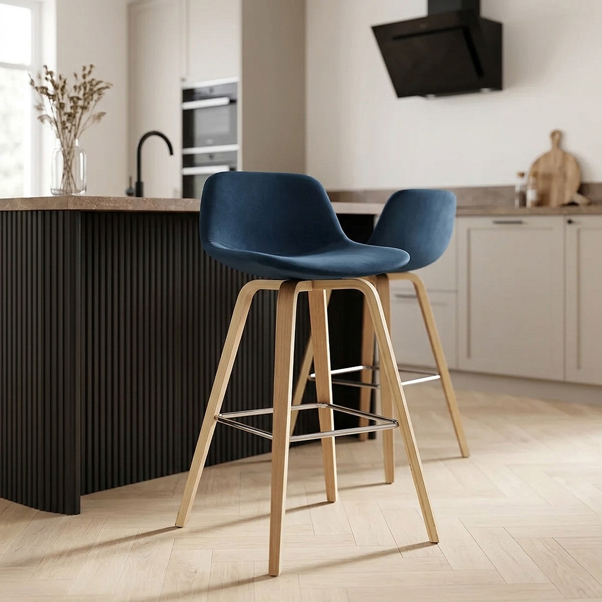Reef Wooden Stool Blue Velvet
