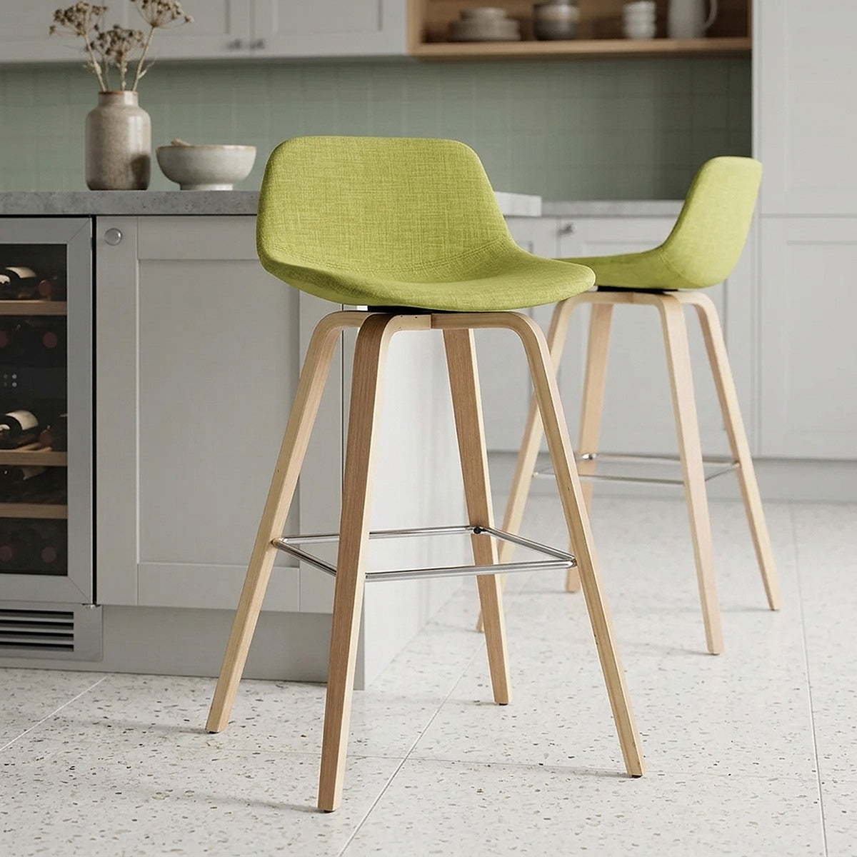 Reef Wooden Stool Green Fabric