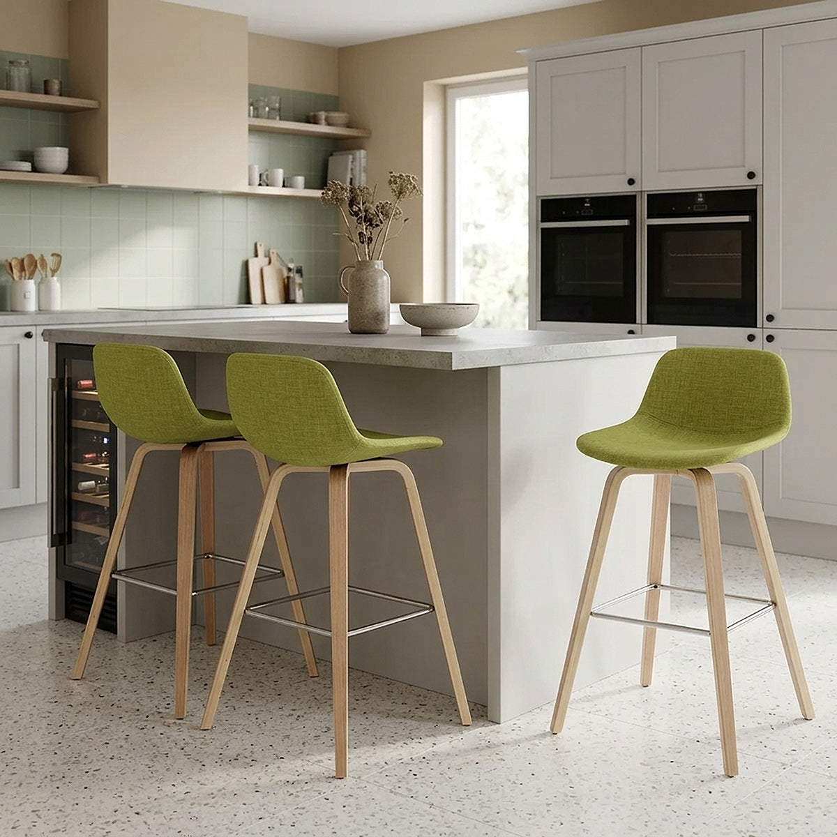 Reef Wooden Stool Green Fabric