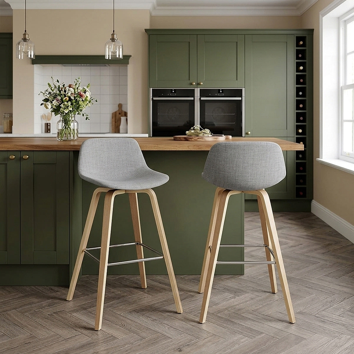 Reef Wooden Stool Grey Fabric