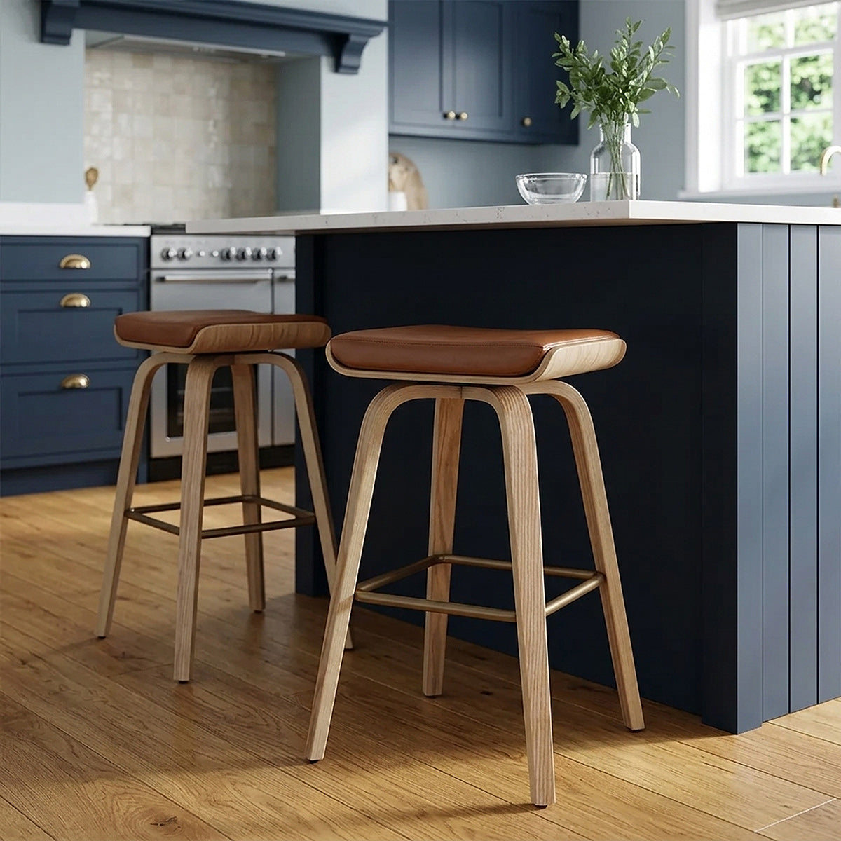 Remy Oak Stool Brown Real Leather