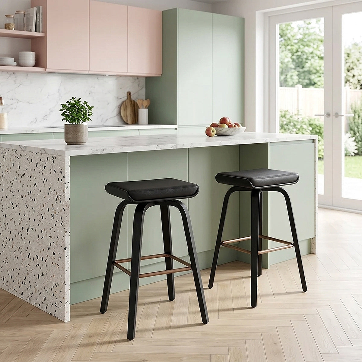 Remy Wooden Stool Black Real Leather