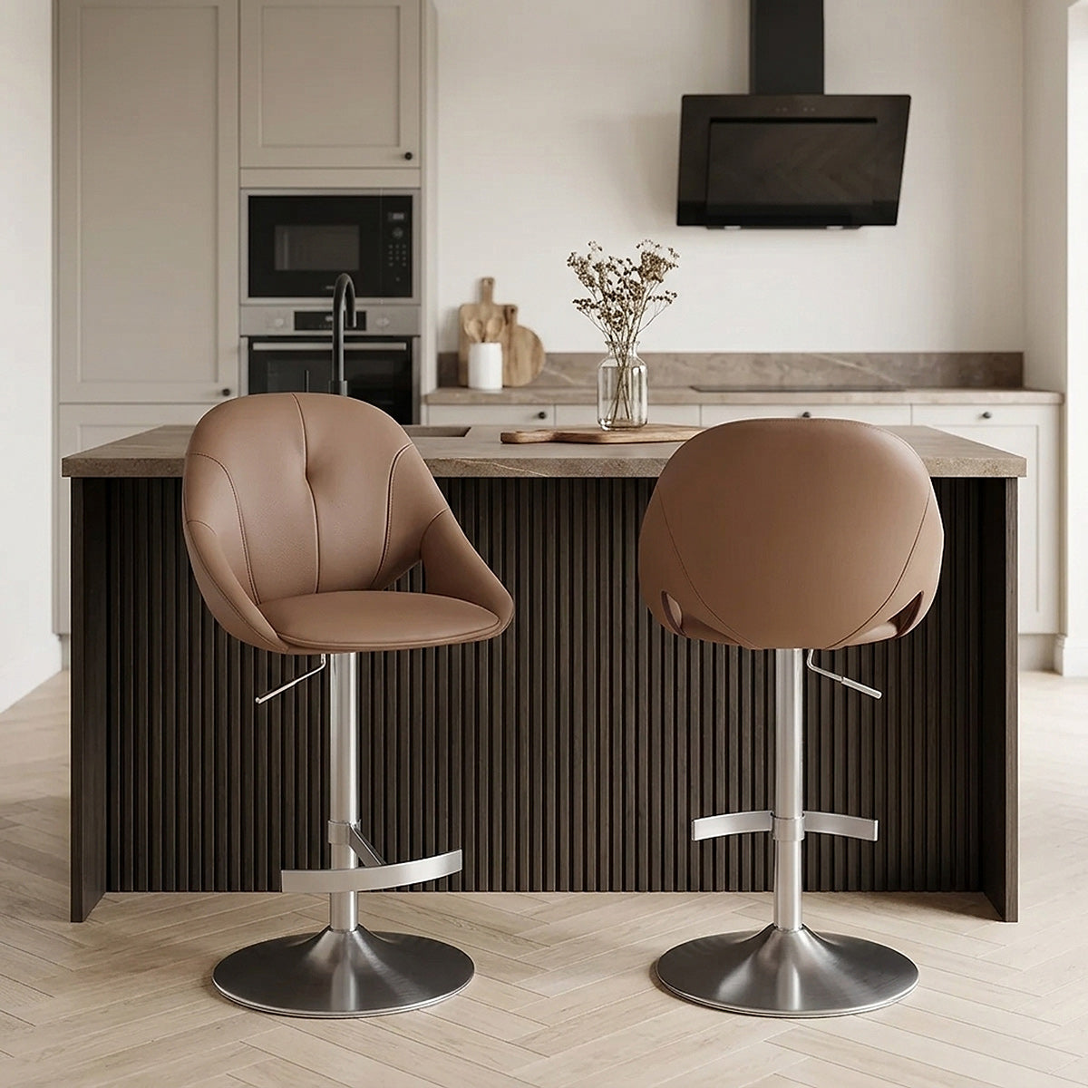 Rico Brushed Steel Stool Brown Eco Leather