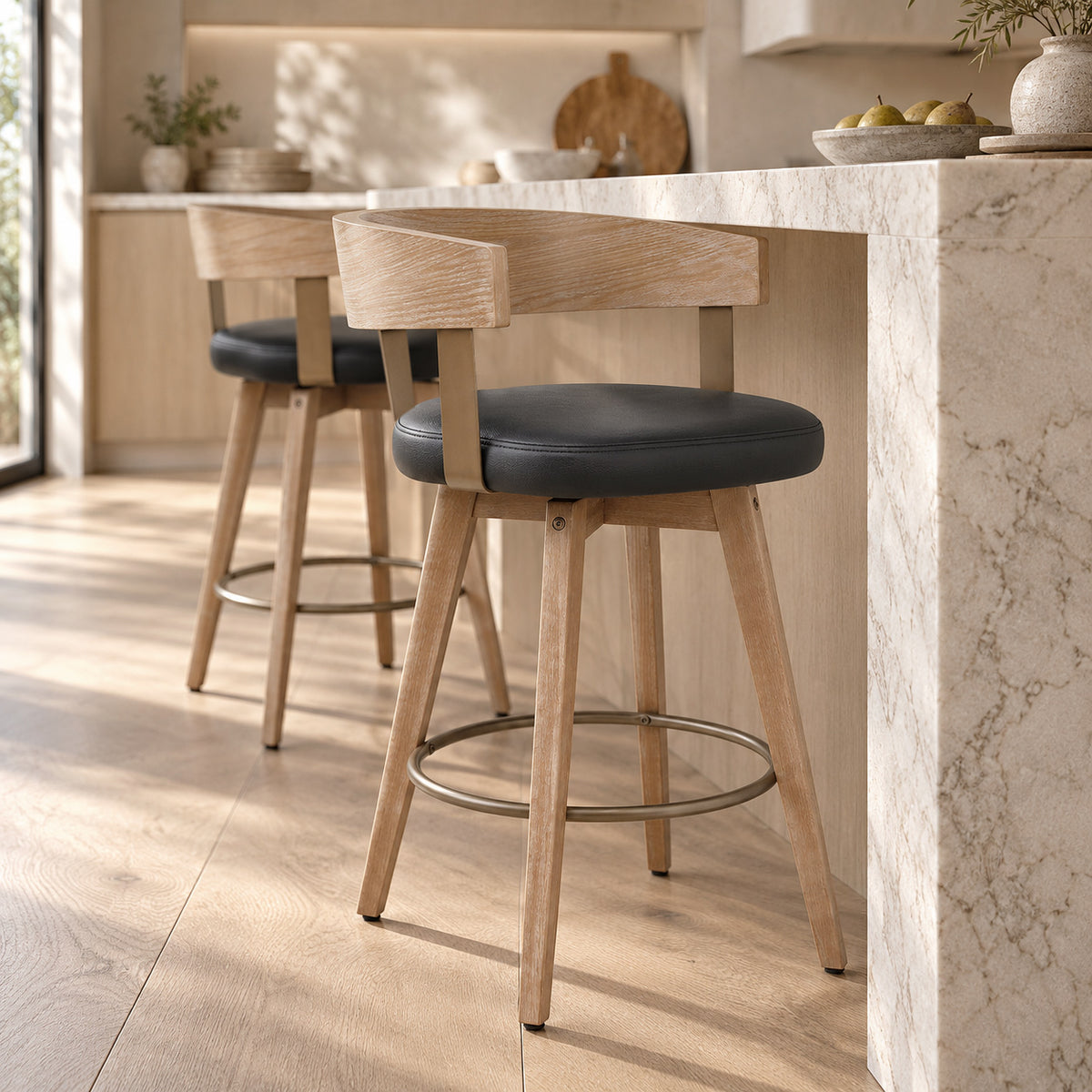Roman Oak Bar Stool Black Real Leather