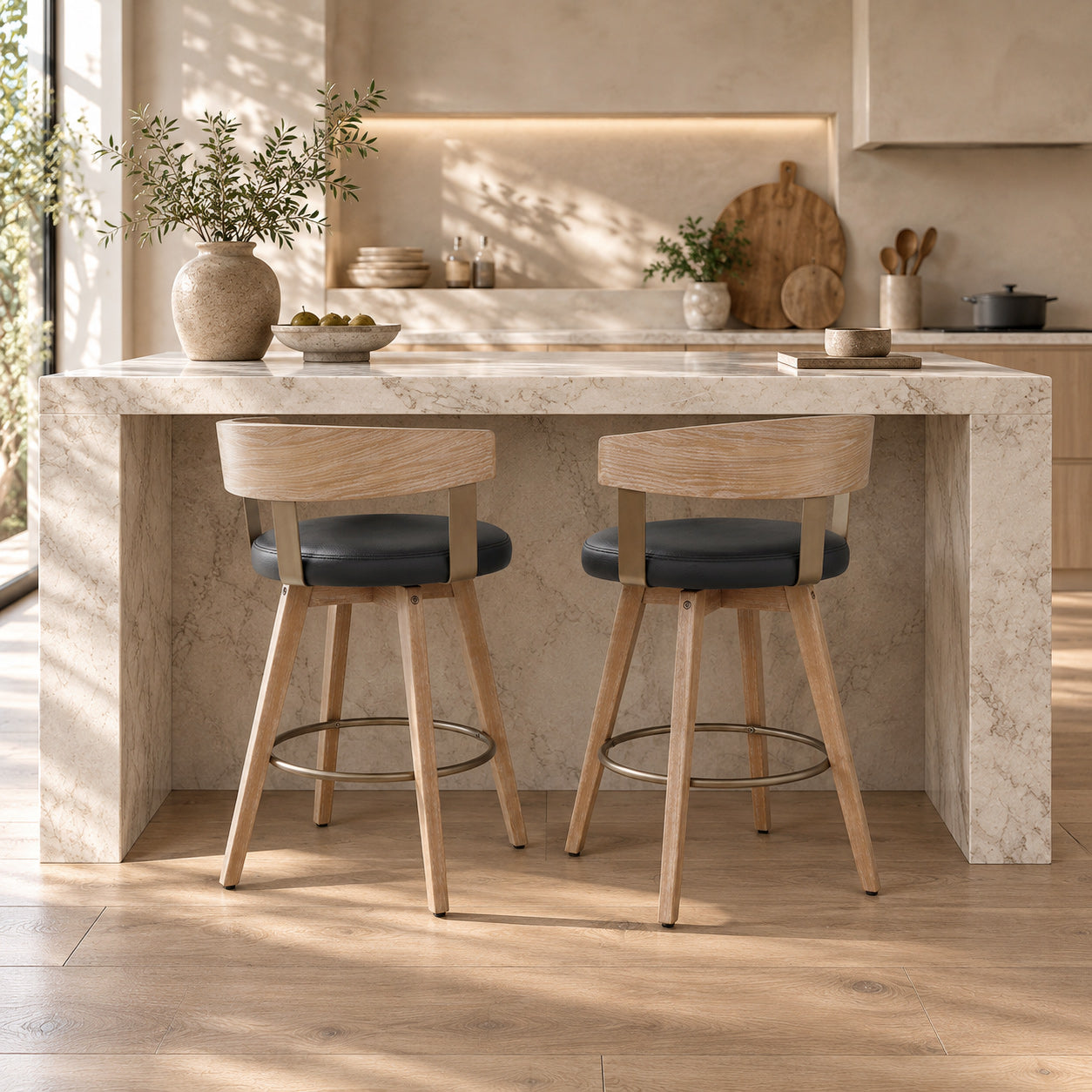 Roman Oak Bar Stool Black Real Leather