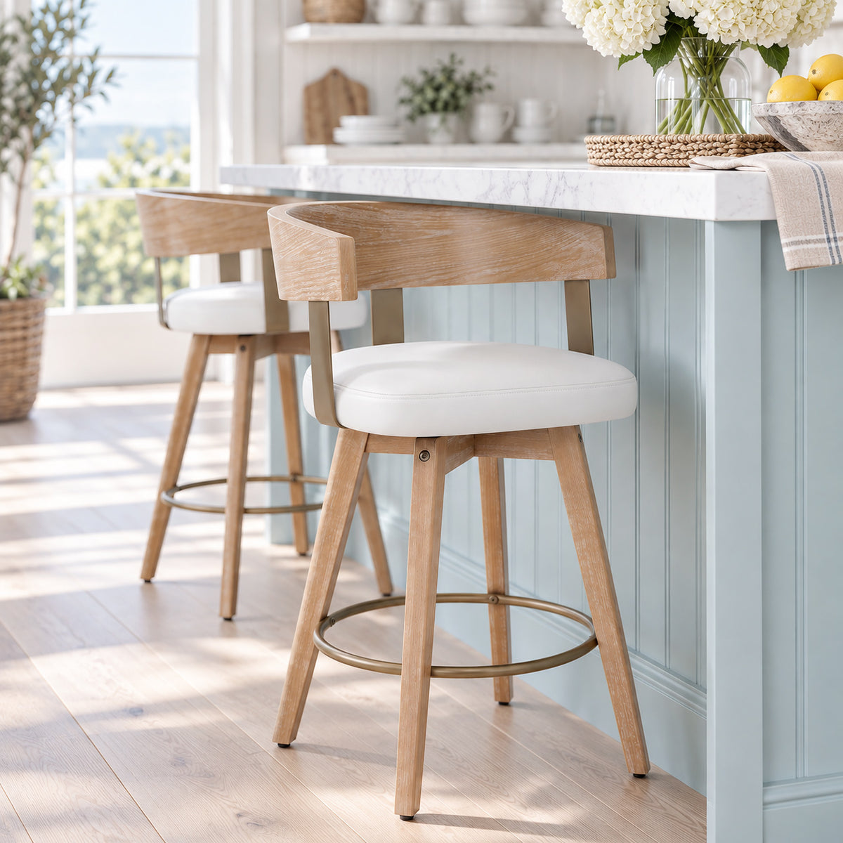 Roman Oak Bar Stool White Real Leather