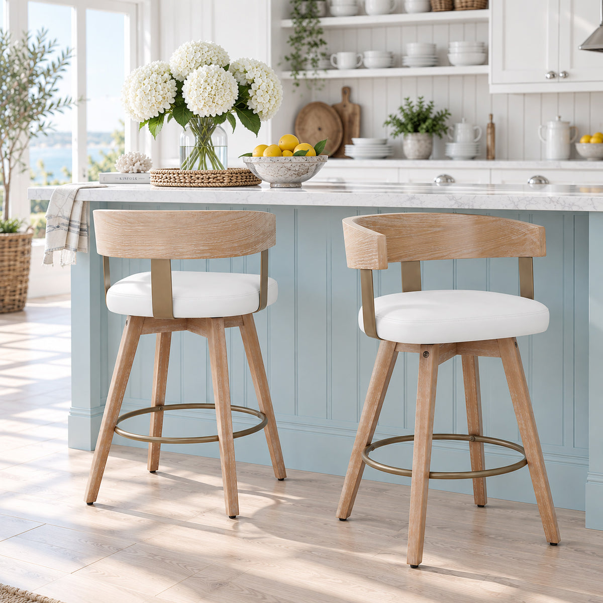 Roman Oak Bar Stool White Real Leather