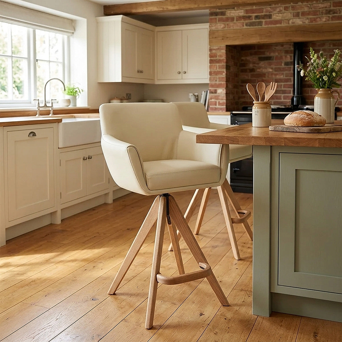 Rome Real Leather Wooden Stool Cream
