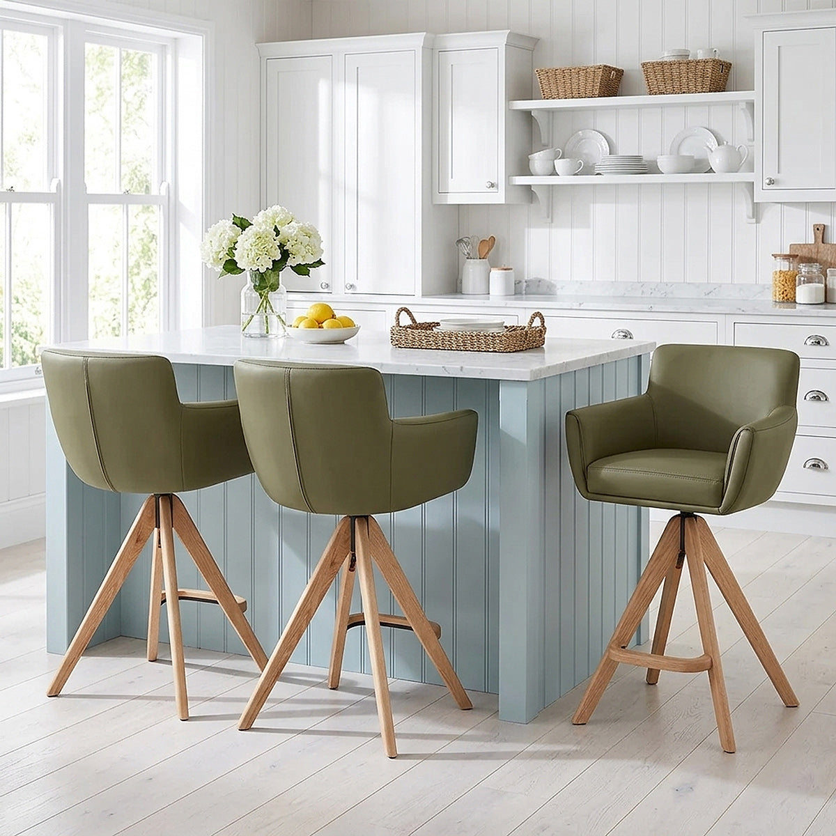 Rome Real Leather Wooden Stool Green