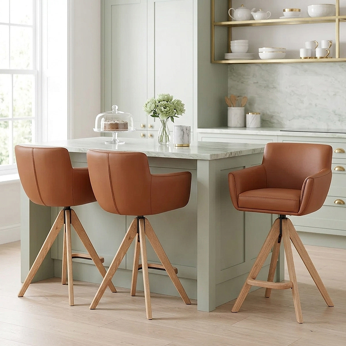 Rome Real Leather Wooden Stool Tan