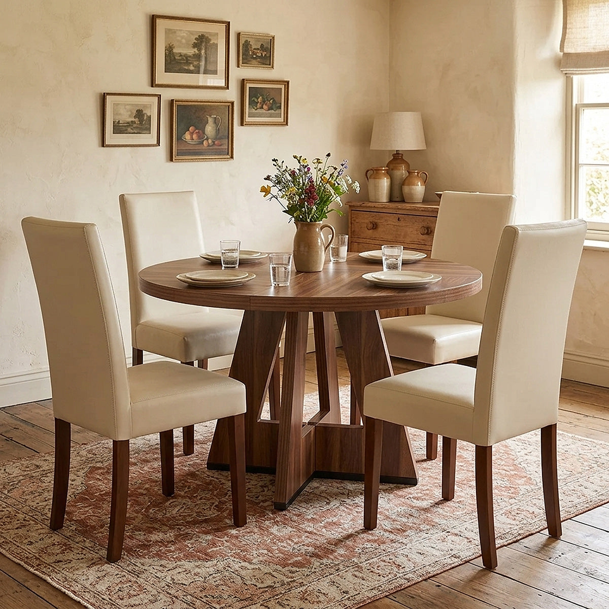 Severn 120cm Round Table & 4 Chicago Walnut Fabric Chairs Dining Set