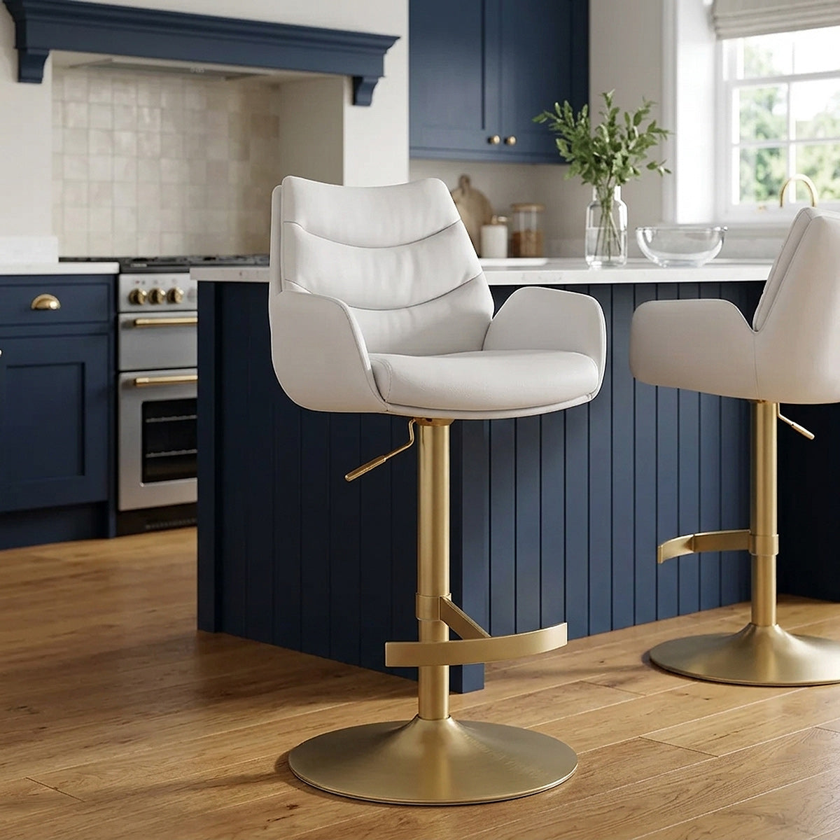 Seville Real Leather Gold Stool White