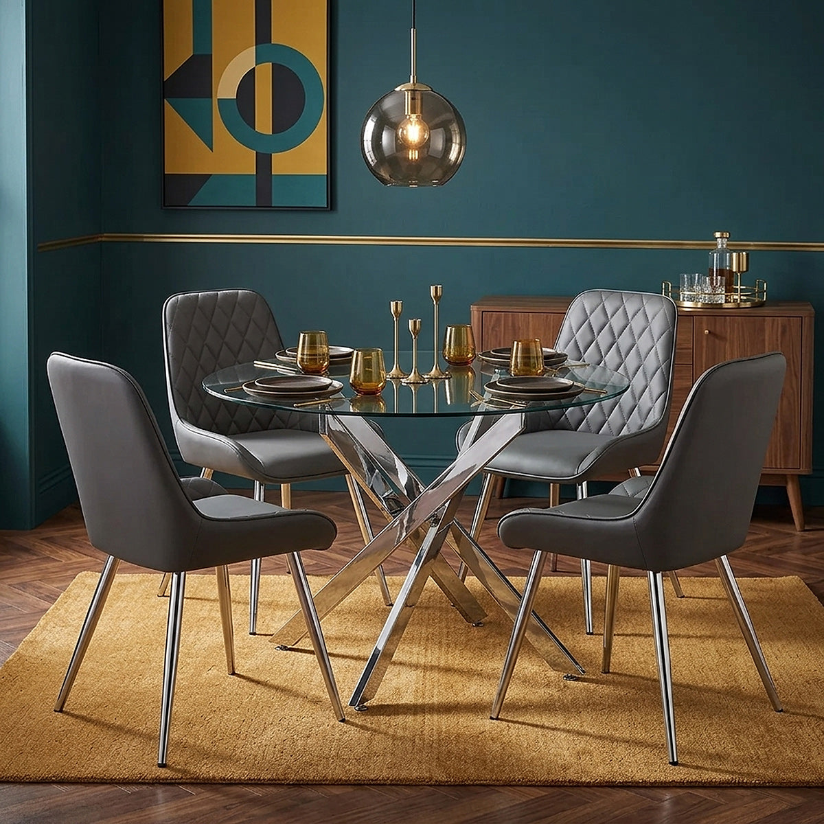 Sola 100cm Chrome Glass Table & 4 Lincoln Chrome Chairs Dining Set