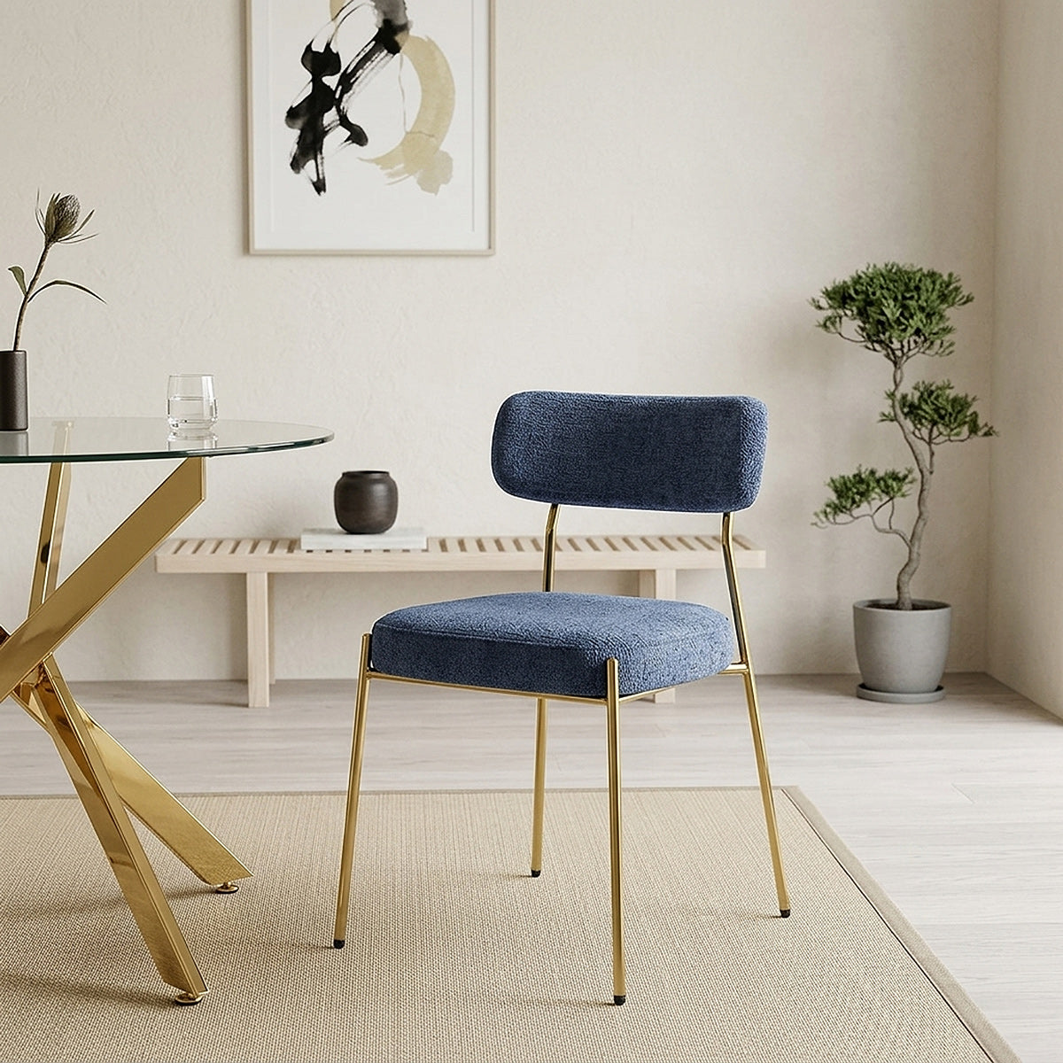 Sola 100cm Gold Round Glass Table & 4 Diana Gold Fabric Chairs Dining Set
