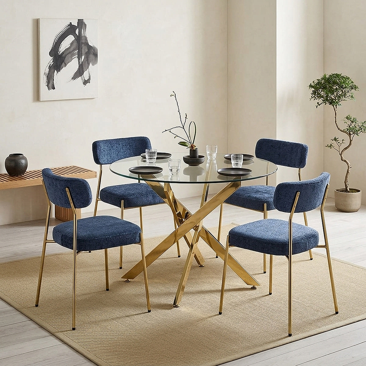 Sola 100cm Gold Round Glass Table & 4 Diana Gold Fabric Chairs Dining Set