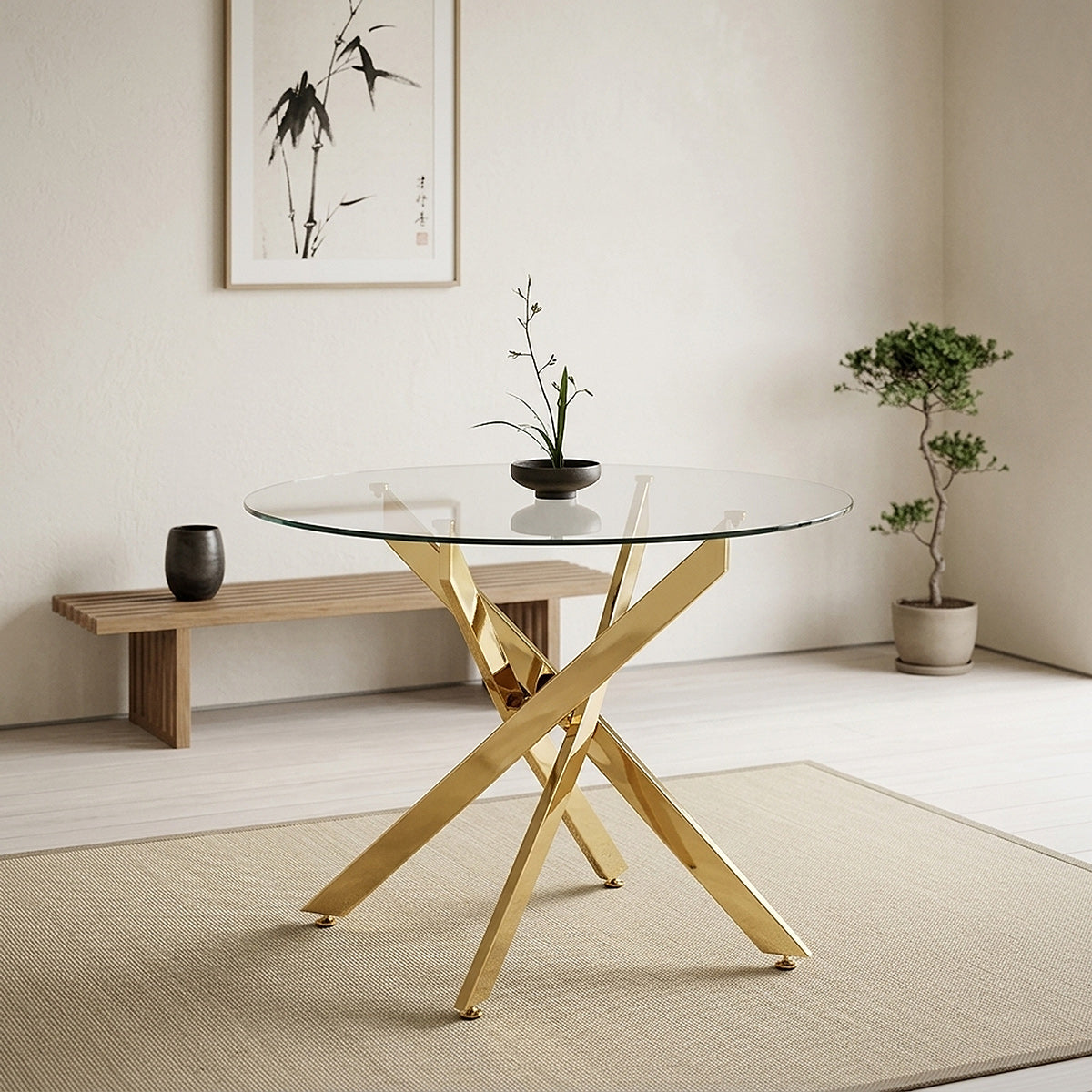Sola 100cm Gold Round Glass Table & 4 Diana Gold Fabric Chairs Dining Set