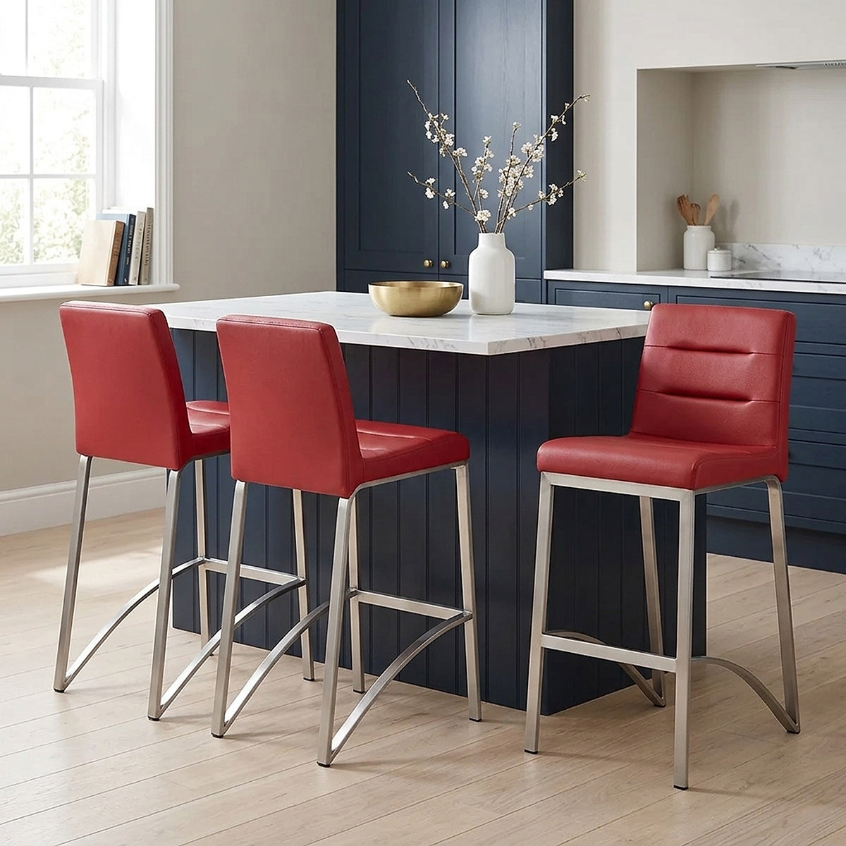 Stella Brushed Steel Stool Red