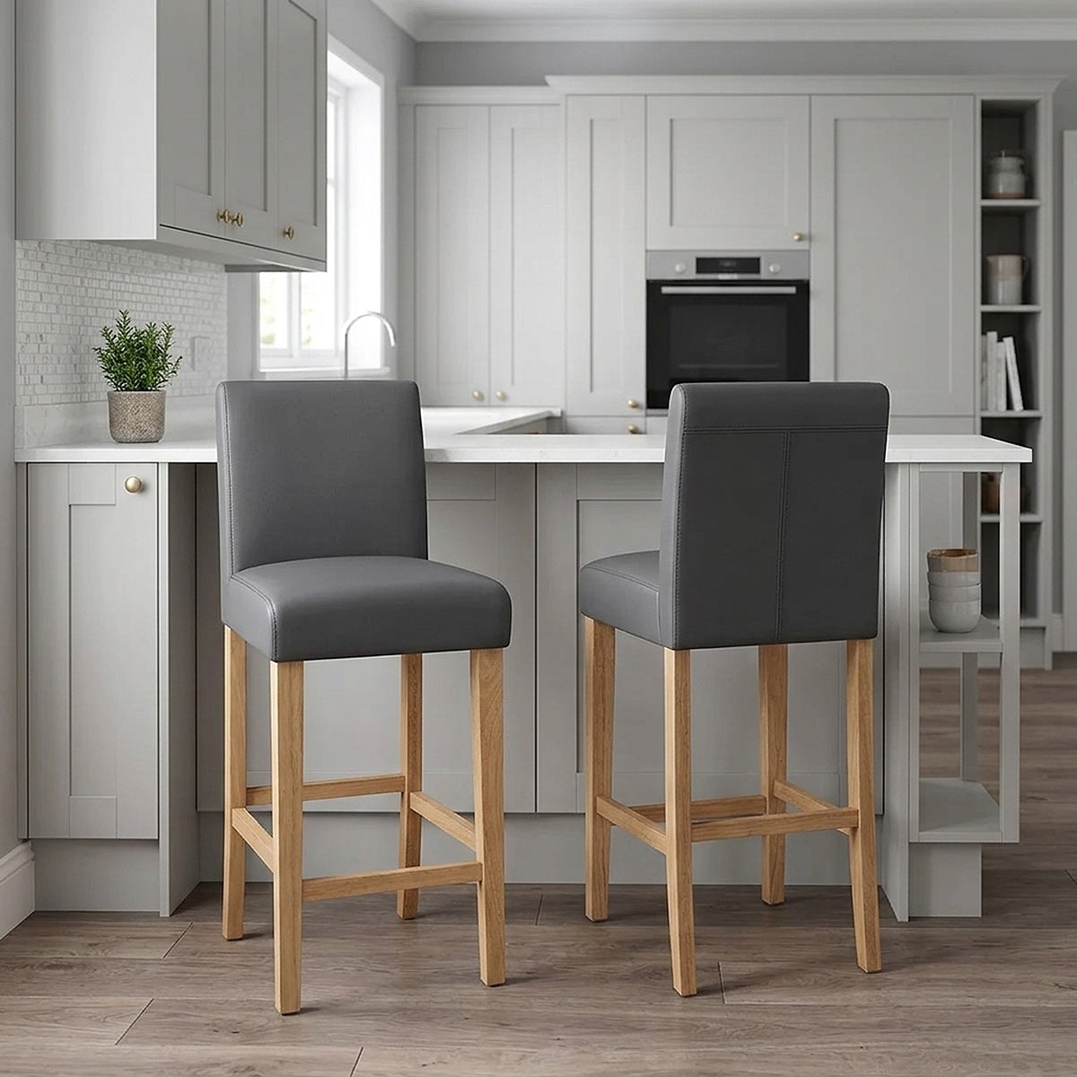 Tetbury Oak Bar Stool Grey Leather