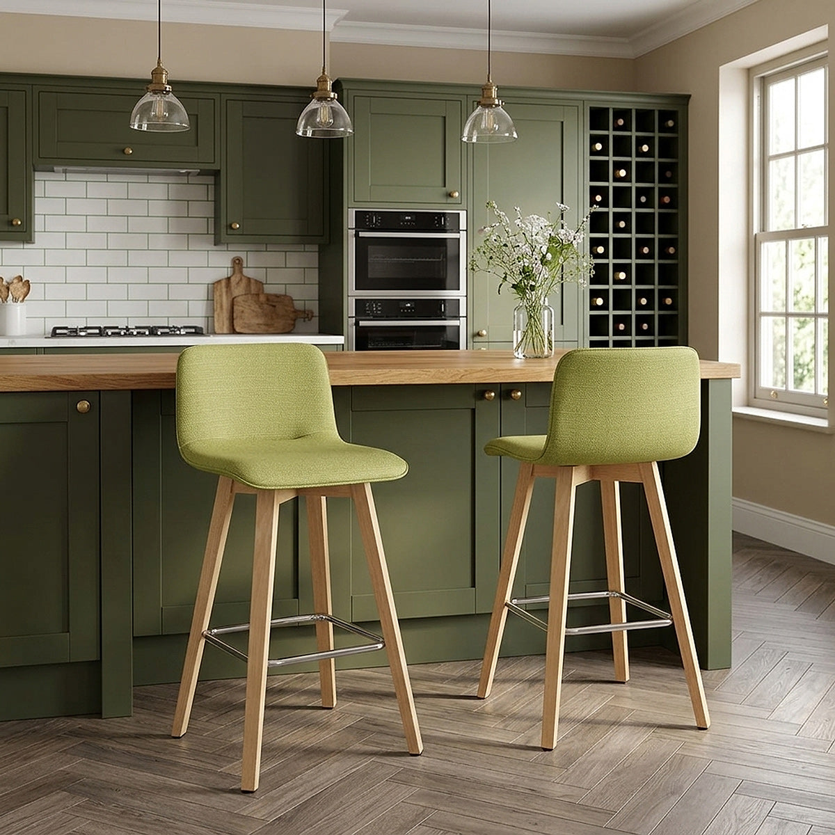 Tide Wooden Stool Green Fabric