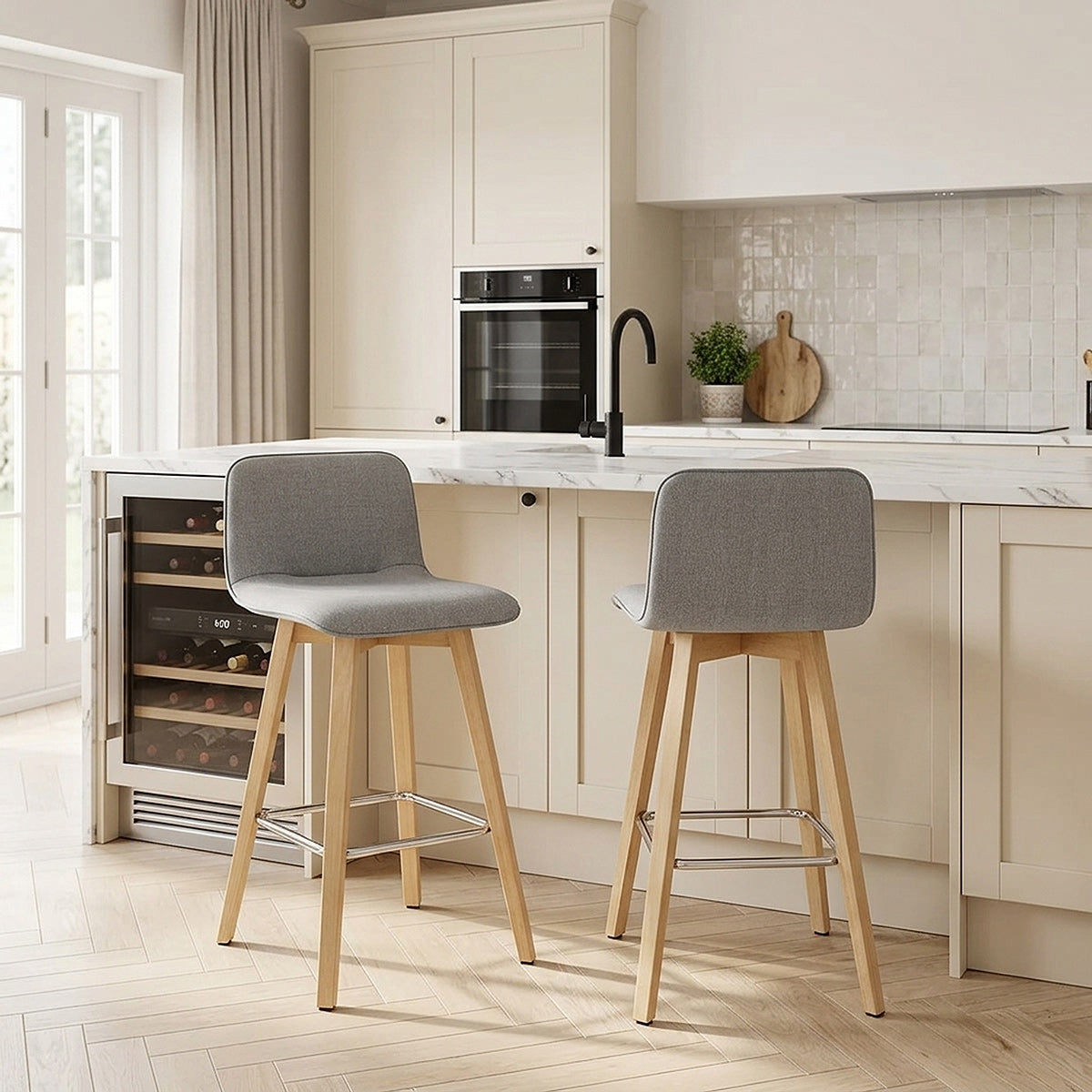 Tide Wooden Stool Grey Fabric