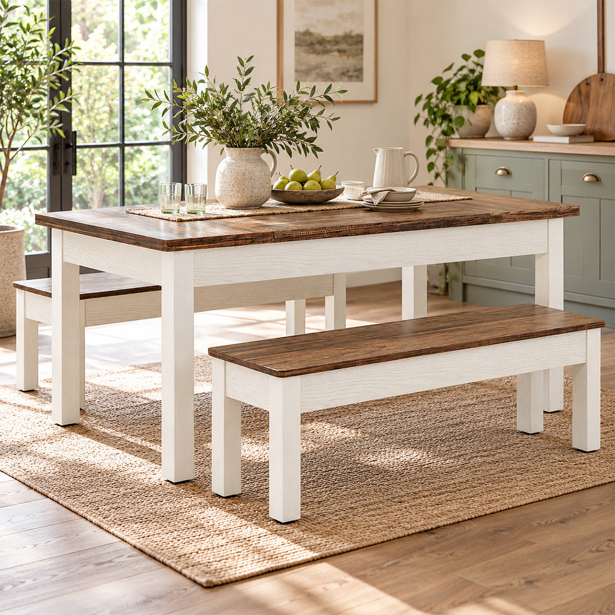 Windermere Dining Bench Set White & Walnut