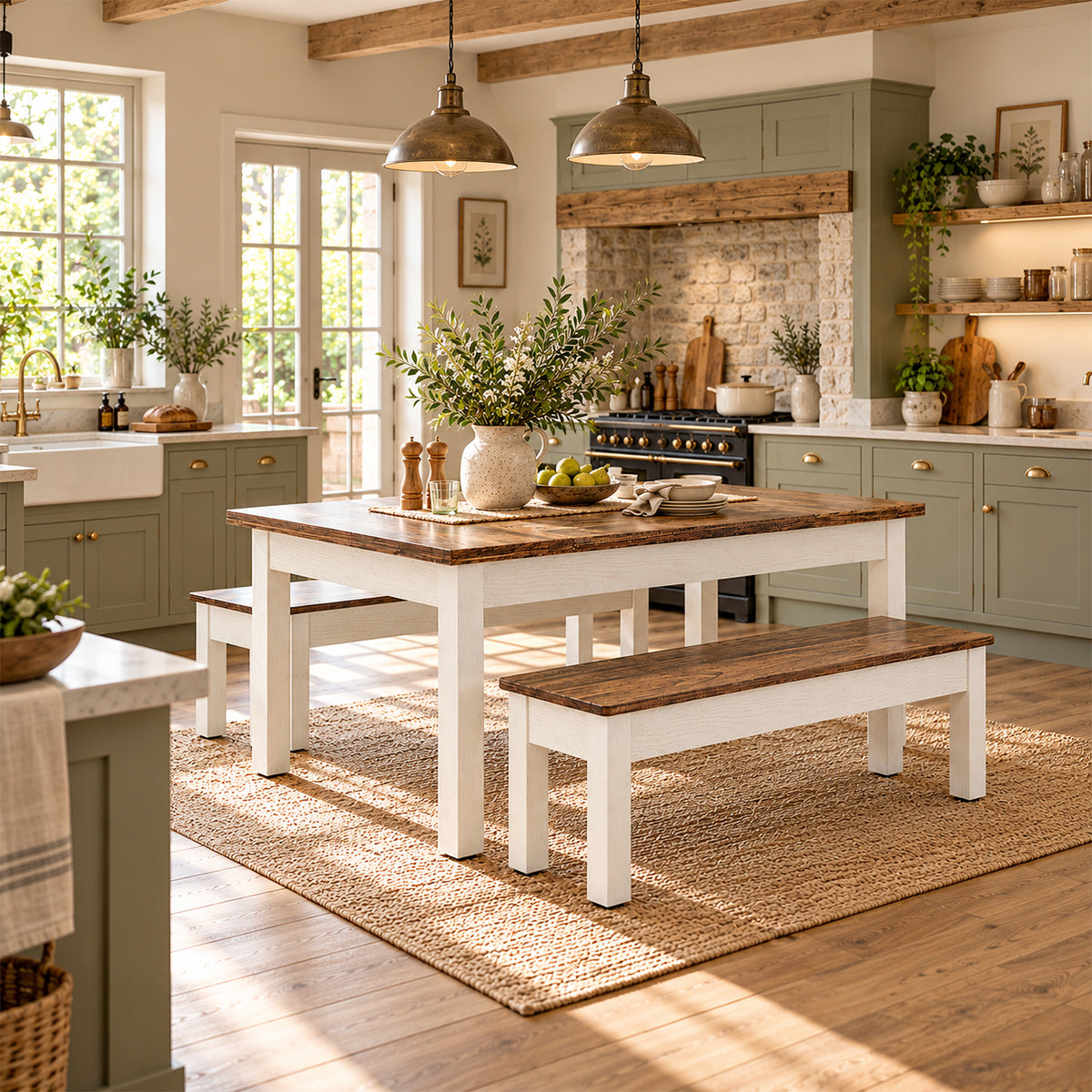 Windermere Dining Bench Set White & Walnut