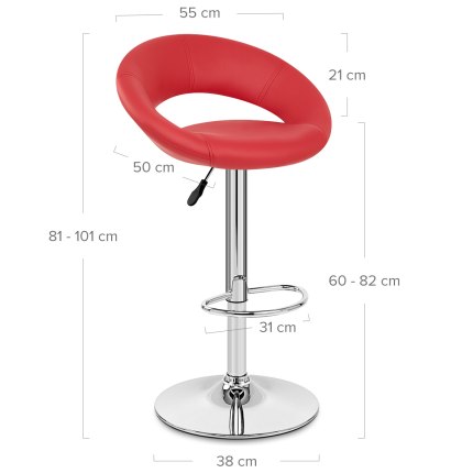 Padded Crescent Bar Stool Red Dimensions