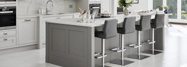 Grey and Brushed Steel Bar Stools in Modern Grey And White Kitchen