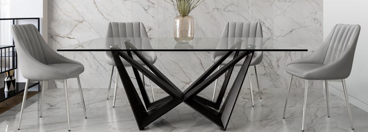 Grey Leather Dining Chairs at Glass Dining Table